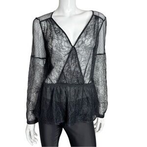 Elegant Black Sheer Mesh Floral Lace and Pilkadots Peplum Style Blouse